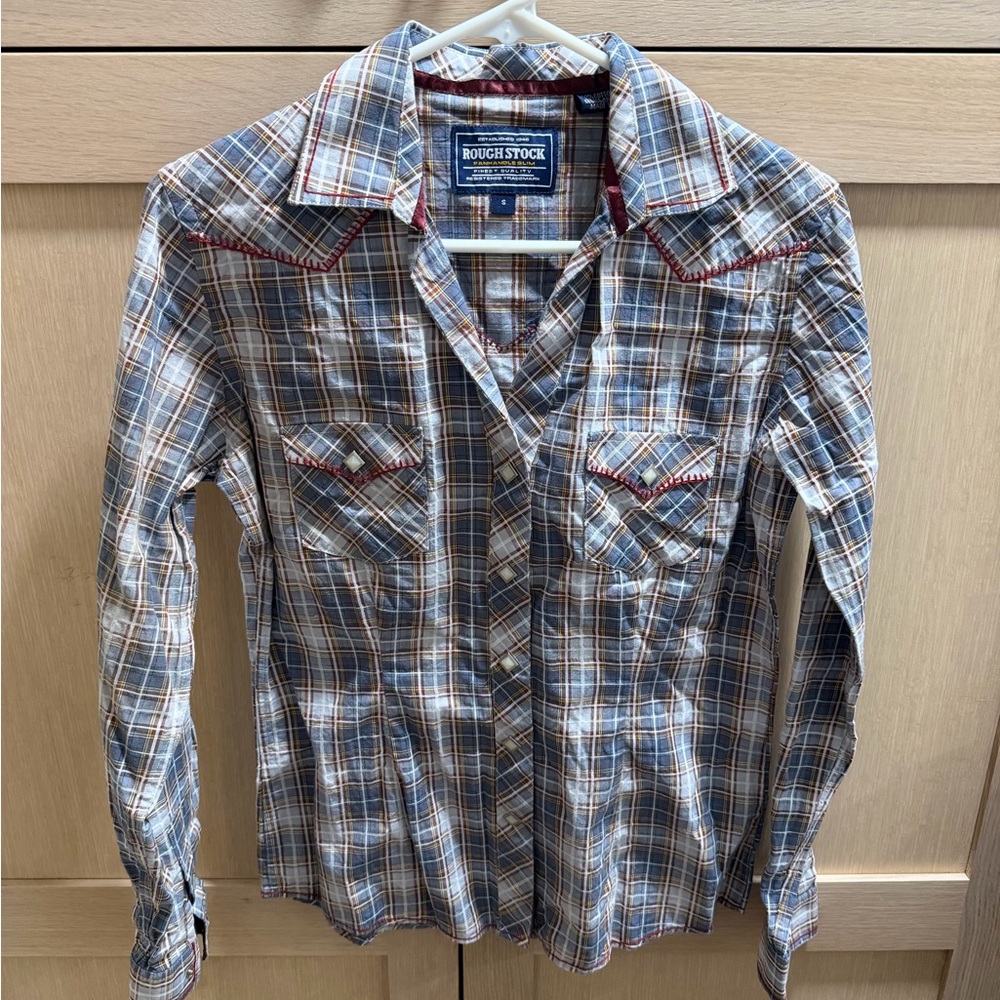 Rough Stock Women's Blue Plaid Button Down Shirt